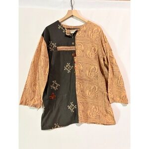 Market Place Boho Tribal Long Sleeve Tunic Top Medium Boho Button Front Indie